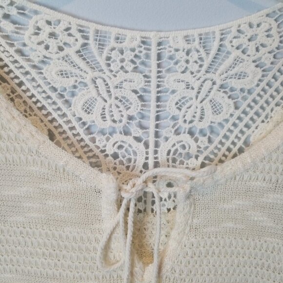 Cream Tie Front Blouse Boho Lace Trim 3/4 sleeves Small - Picture 3 of 5